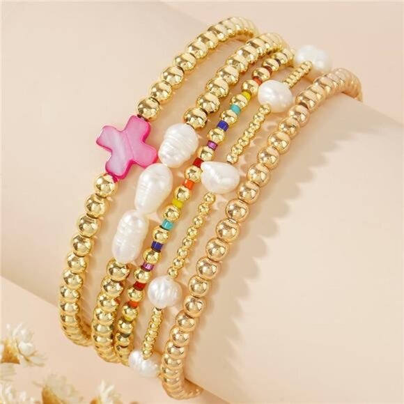 Gold Pearl Beaded Cross Bracelet Set Stretch Boho Layered Christian Jewelry - Picture 3 of 7